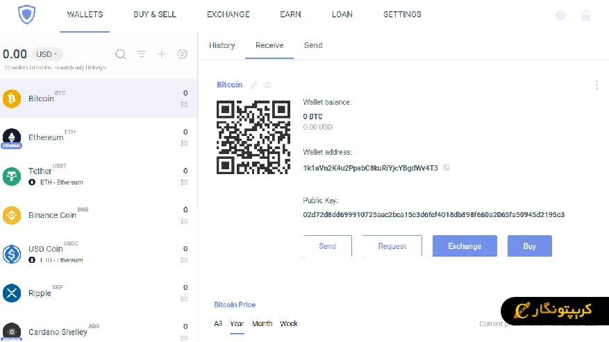 صفحه ارسال و دریافت در Guarda Wallet 