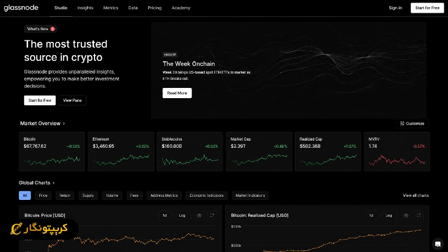 نمای پلتفرم آنچین گلس نود (Glassnode)