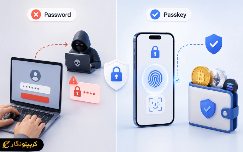 برای مقایسه امنیت، در روش رمز عبور احتمال سرقت اطلاعات بیشتر است؛ اما **Passkey در کیف پول ارز دیجیتال** با احراز هویت دستگاه و بیومتریک، امنیت بیشتری در برابر فیشینگ ایجاد میکند.
