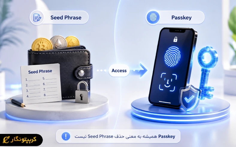 برای مقایسه کیف پول های معمولی و مجهز به Passkey، تفاوت اصلی در روش دسترسی و بازیابی دارایی هاست. Passkey در کیف پول ارز دیجیتال میتونه ورود رو ساده تر کنه، اما همیشه جایگزین Seed Phrase نیست.