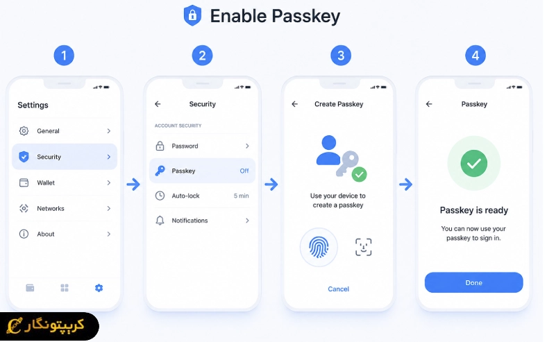 برای فعال کردن **Passkey در کیف پول ارز دیجیتال**، وارد تنظیمات امنیتی شوید و گزینه Passkey را فعال کنید. سپس با اثر انگشت، تشخیص چهره یا PIN هویتتان را تایید کنید.