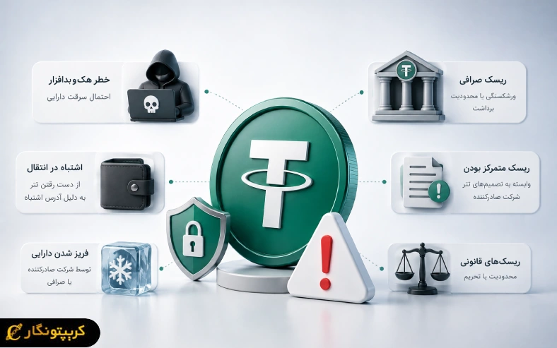 خطرات نگهداری تتر (USDT) شامل هک، فریز شدن دارایی، اشتباه در انتقال و محدودیت‌های صرافی است؛ پس شناخت ریسک نگهداری تتر قبل از ذخیره‌سازی اهمیت زیادی دارد.