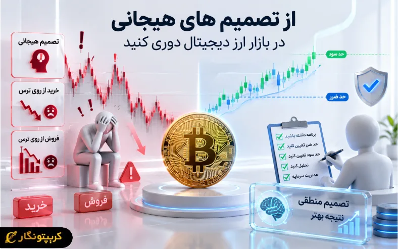 تصمیم های هیجانی میتونن باعث خرید در سقف قیمت یا فروش از روی ترس بشن؛ کنترل احساسات یکی از مهم ترین نکات خرید ارز دیجیتال محسوب میشه.