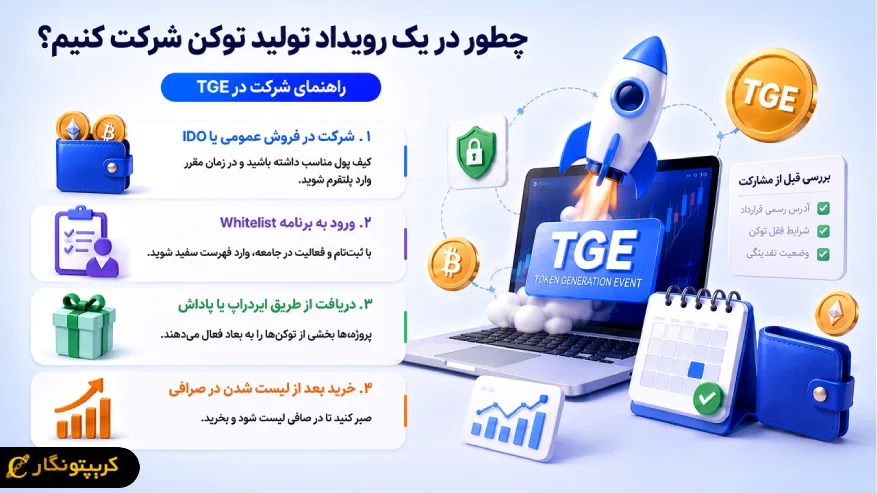 راهنمای سریع شرکت در رویداد تولید توکن (TGE)؛ از فروش عمومی و وایت‌لیست تا ایردراپ و خرید بعد از لیست شدن.