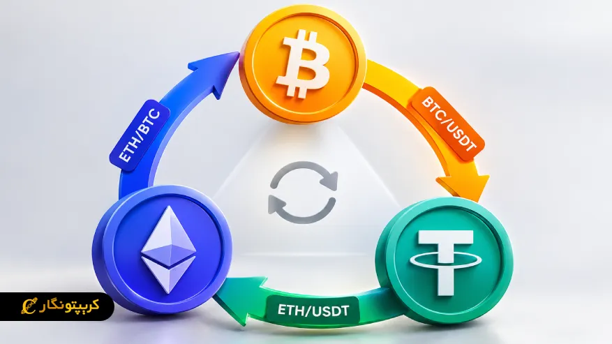 چرخه آربیتراژ مثلثی بین جفت ارزهای BTC/USDT، ETH/BTC و ETH/USDT