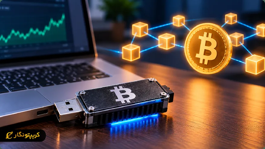 ماینر USB متصل به لپ تاپ در حال استخراج بیت کوین
